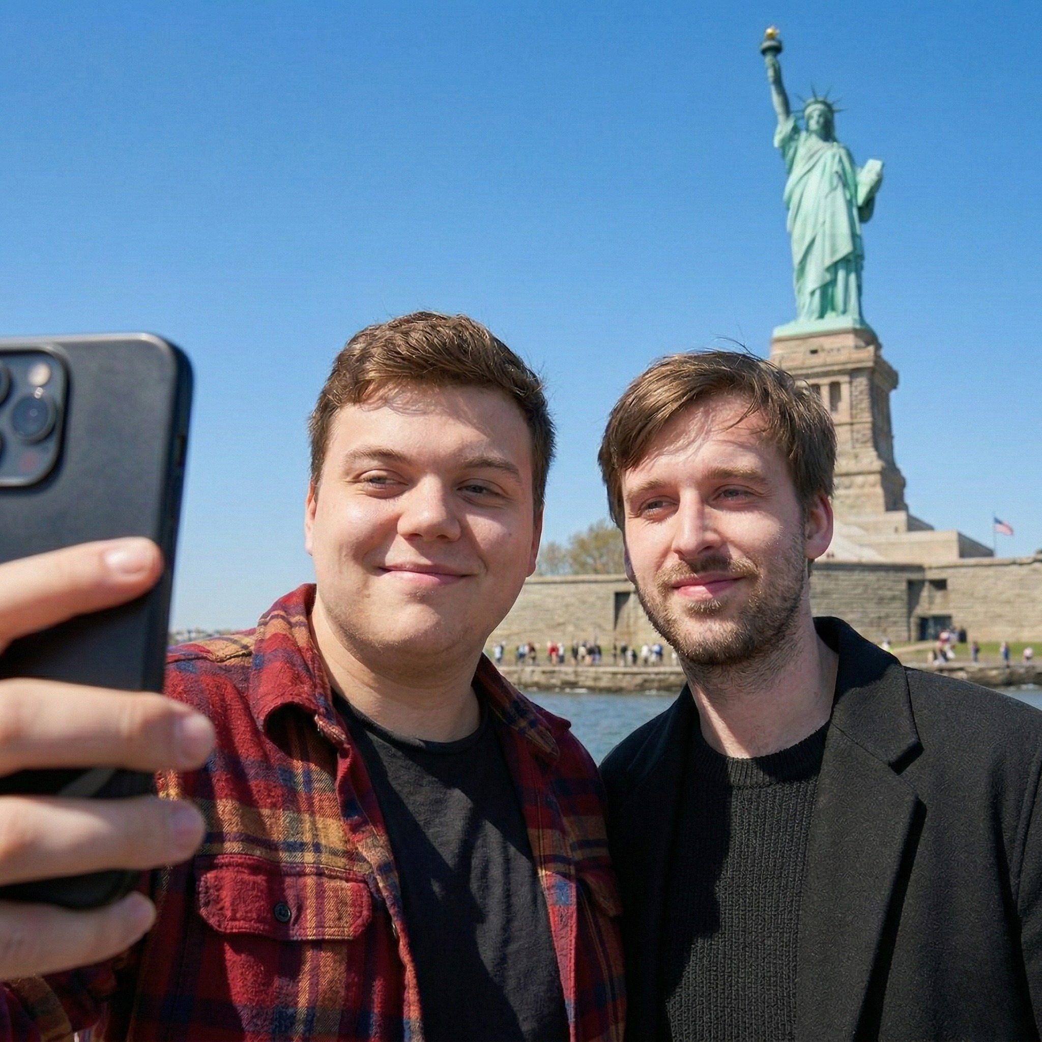 Sebastian and Alexandru in New York City in front of the Statue of Liberty